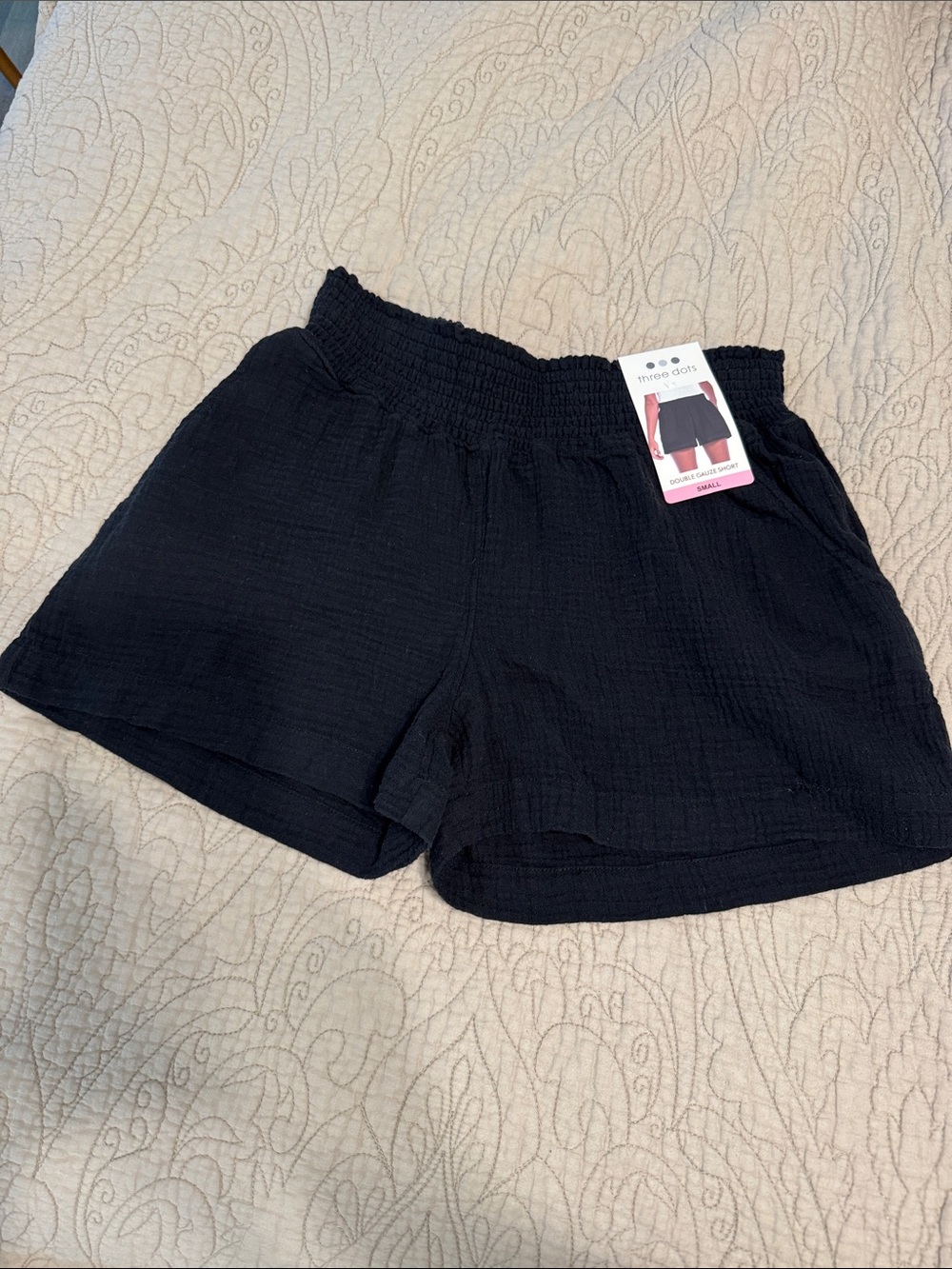 Three‎ Dots Black High-Waist Smocked Double Gauze Shorts 100% Cotton